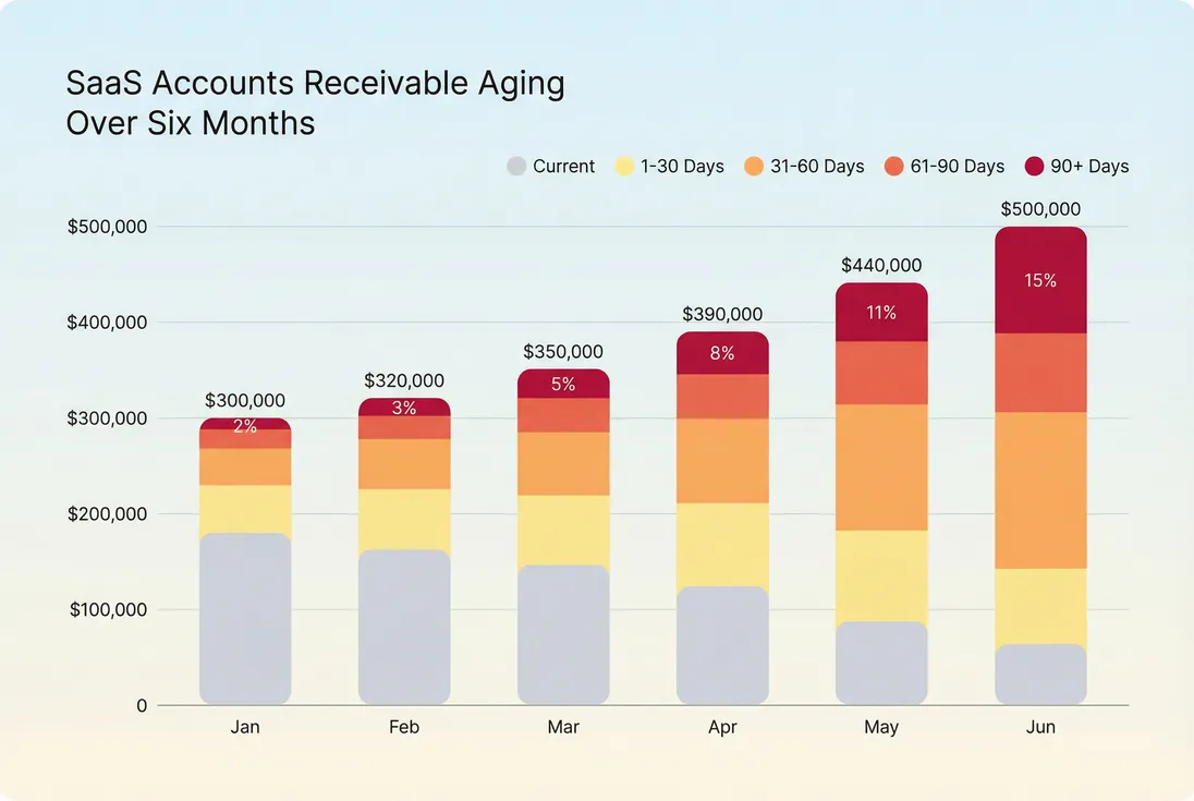 Stacked bars showing AR balance by aging bucket over time