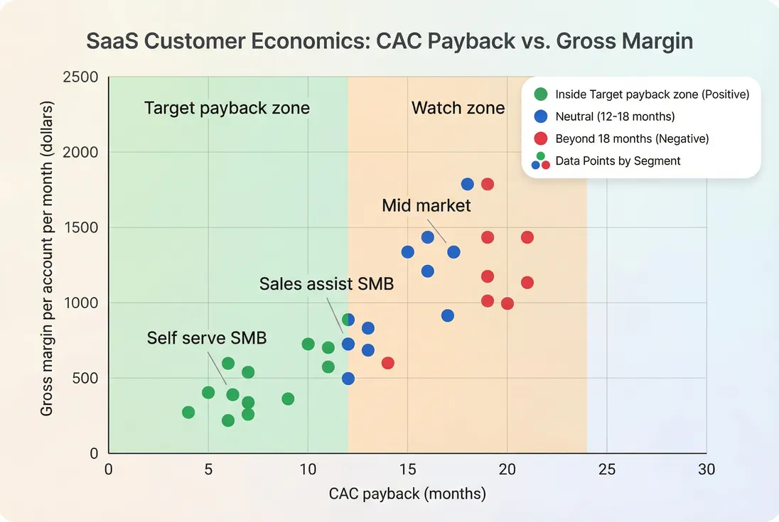 Scatter plot comparing CAC payback by segment, highlighting which segments are scalable