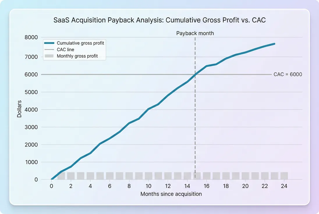 Line chart showing cumulative gross profit crossing the CAC threshold to determine payback month