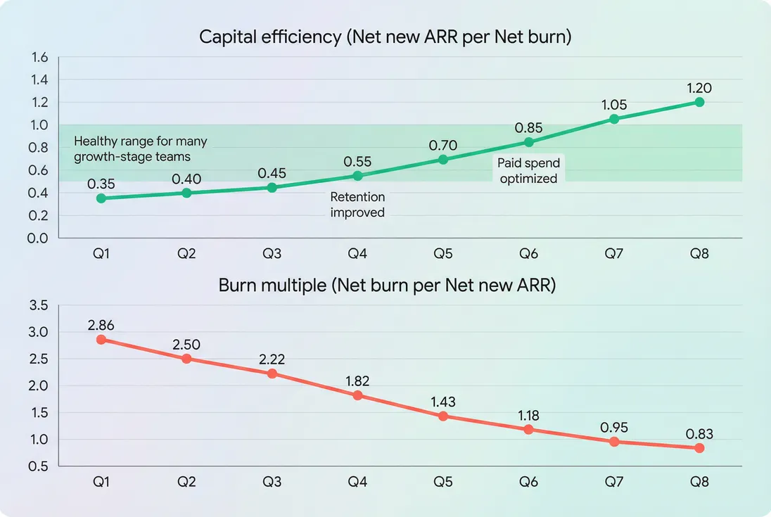 Trend chart showing quarterly capital efficiency improving while burn multiple declines, with benchmark bands for interpretation.