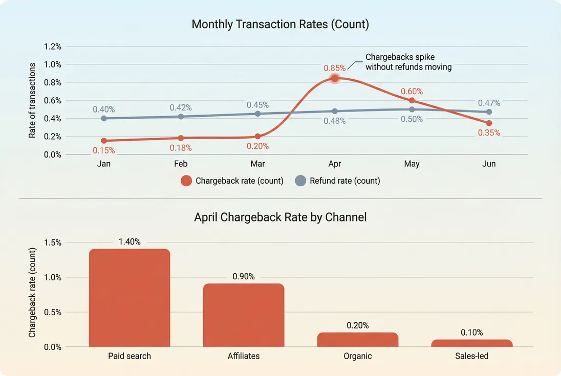 Line chart comparing chargeback rate and refund rate over six months with an annotated spike and a segmented view by acquisition channel