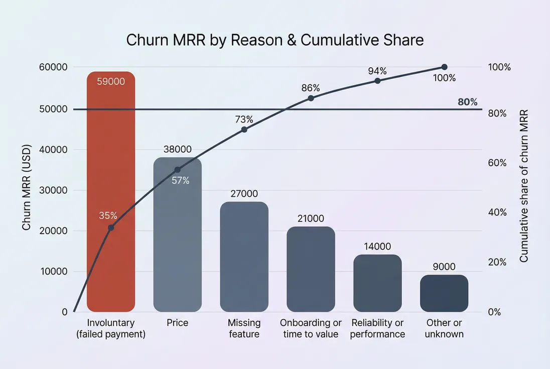 Pareto chart ranking churn reasons by churn MRR with a cumulative percentage line