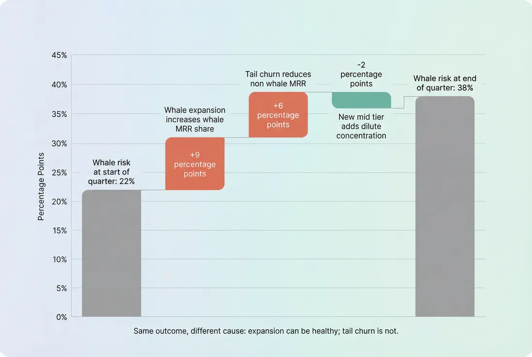 Waterfall chart showing how cohort whale risk increased due to whale expansion and tail churn