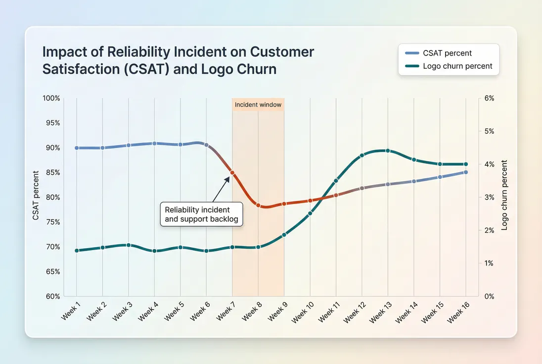 Line chart showing CSAT drop preceding churn increase