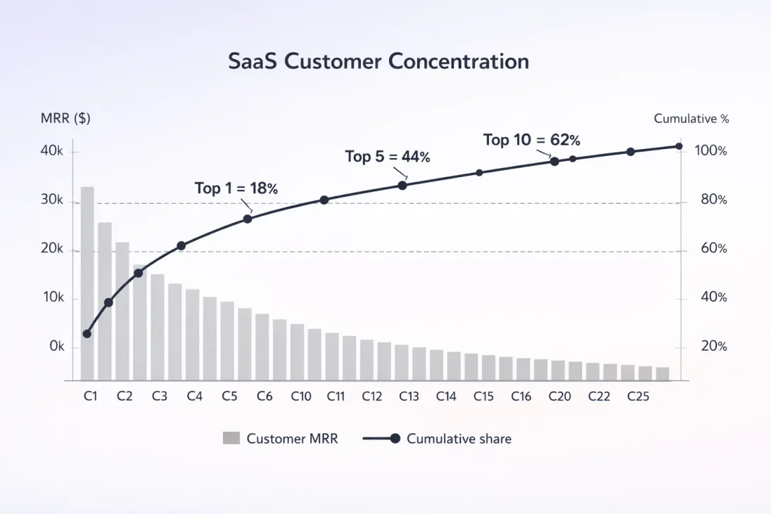 Pareto chart of customer MRR concentration showing cumulative share for top customers