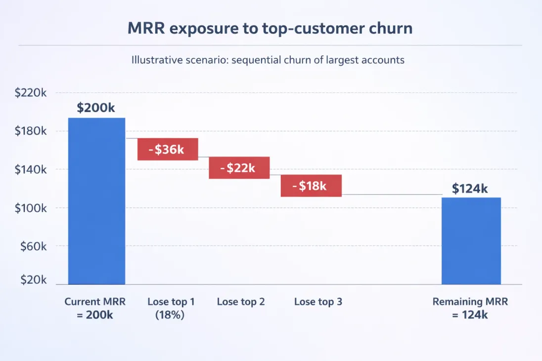 Waterfall chart showing MRR impact if top customers churn