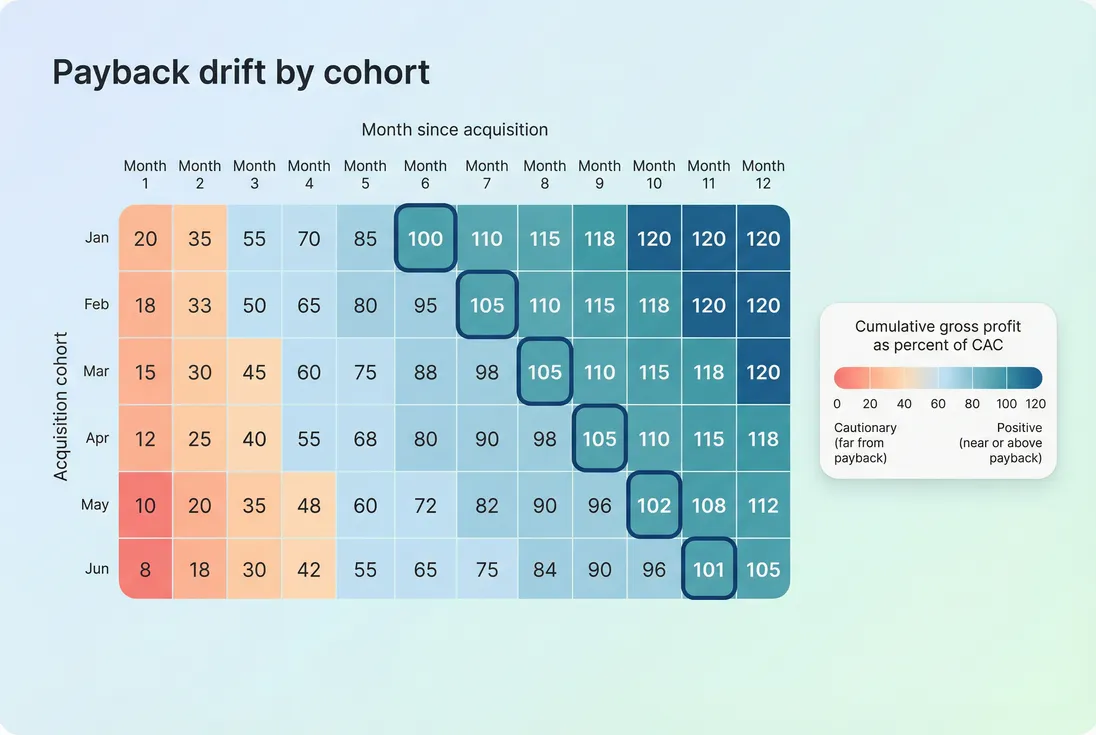 Cohort heatmap of payback months by acquisition month with a visible worsening trend
