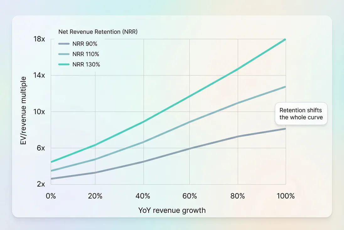 Line chart showing EV/revenue multiple increasing with growth, with separate lines for different NRR levels