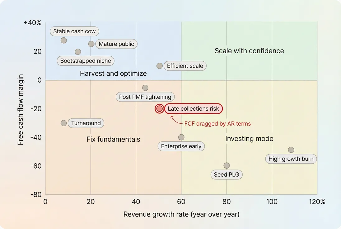 Scatter plot of revenue growth versus free cash flow margin with quadrant labels for scale, optimize, and restructure