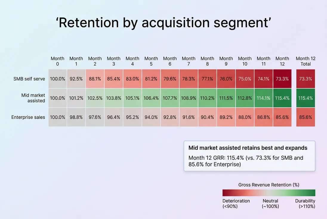 Cohort retention heatmap by segment to validate ICP