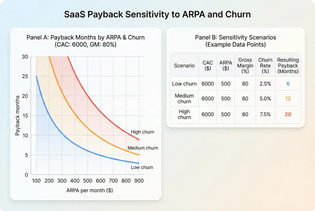 Payback sensitivity to ARPA and churn for GTM planning