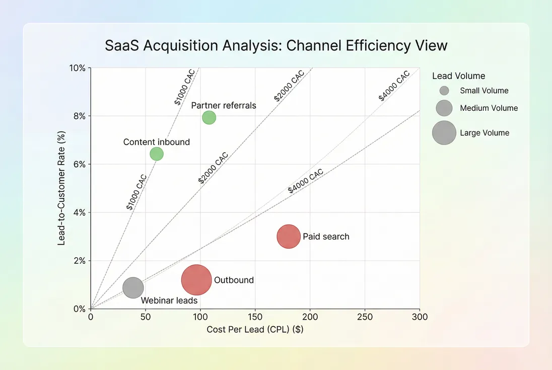 Scatter plot comparing CPL and lead-to-customer rate by channel to reveal CAC efficiency
