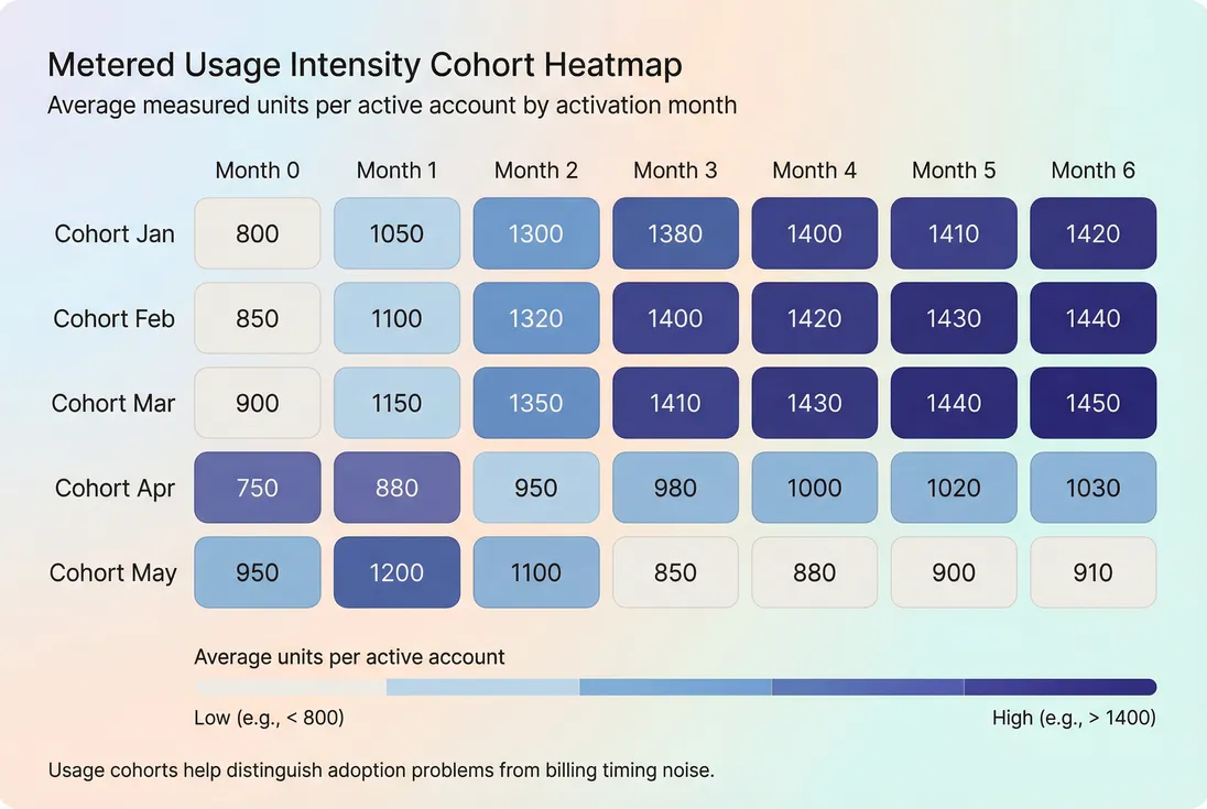 Cohort heatmap showing usage intensity by customer start month and months since activation
