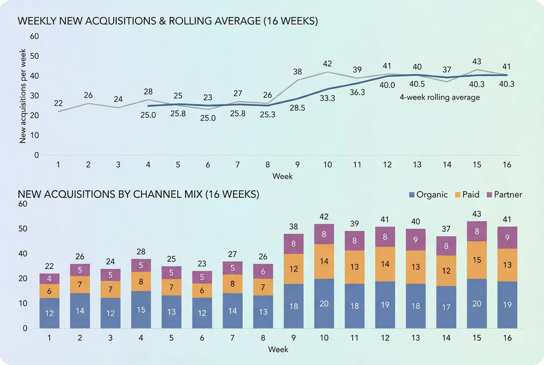Trend of weekly new acquisitions with rolling average and a channel mix breakdown