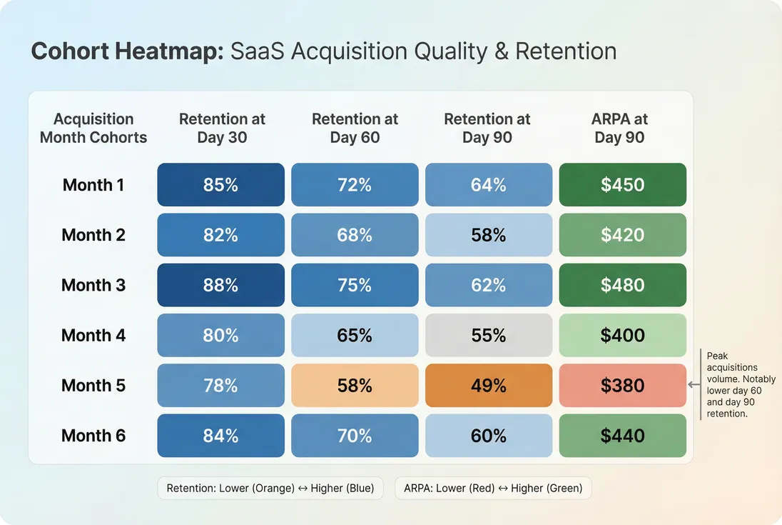 Cohort heatmap connecting acquisition month to early retention and ARPA