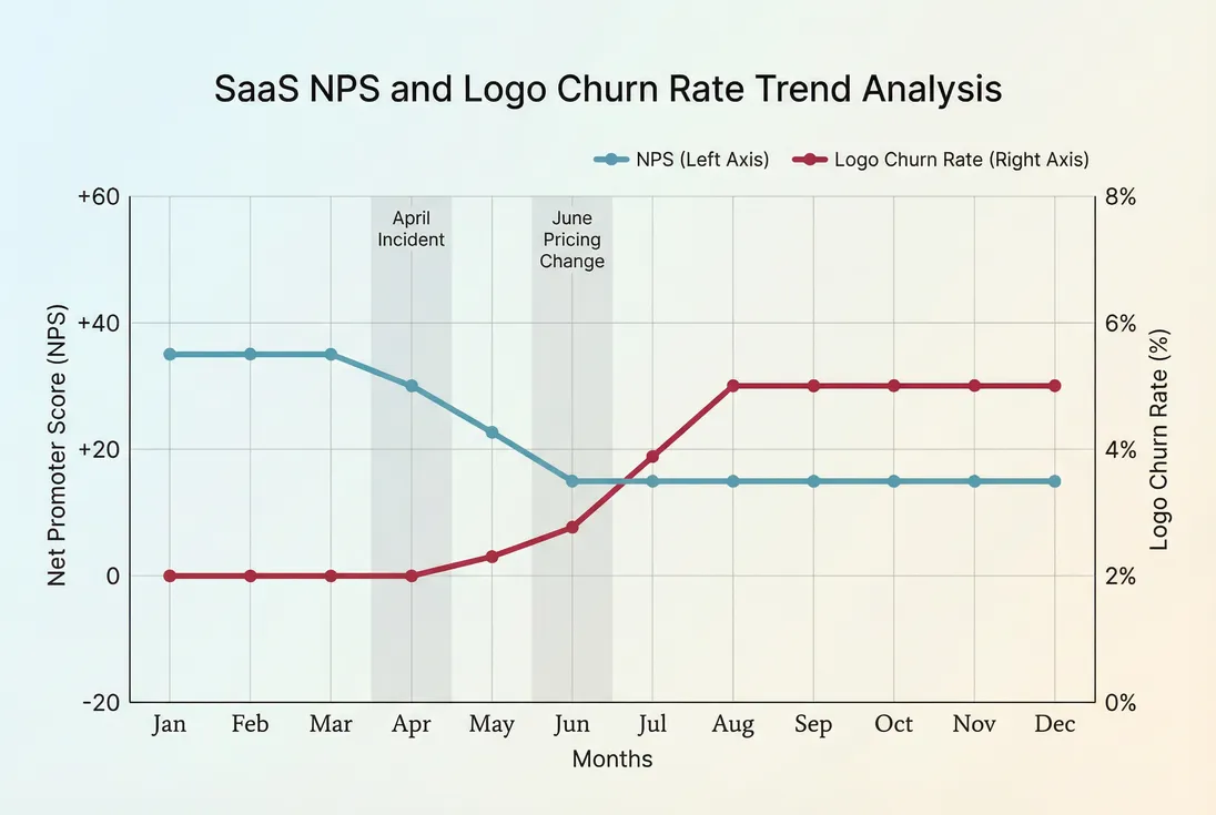 Time series comparing NPS trend to logo churn to show NPS as a leading indicator