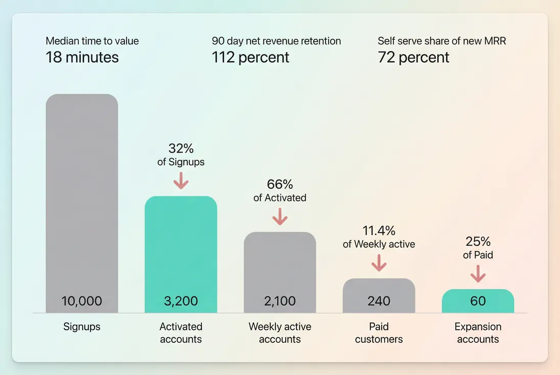 PLG scorecard funnel from signup to activation to paid and expansion