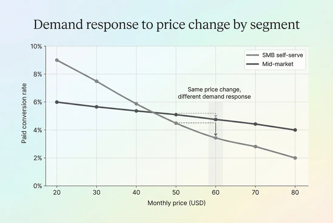 Demand curves showing different elasticity for two SaaS segments