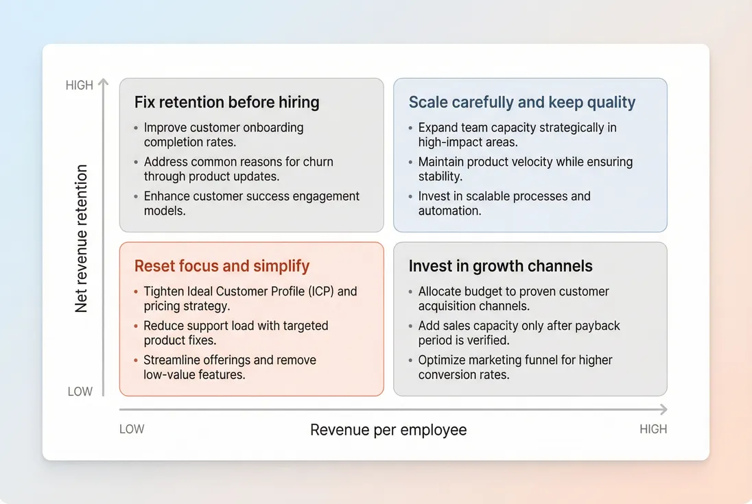 Decision matrix using revenue per employee and net revenue retention to guide hiring actions