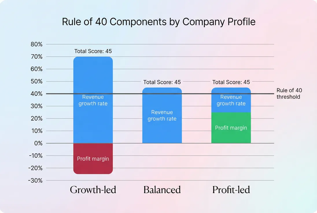 Stacked bars comparing Rule of 40 components across three SaaS profiles