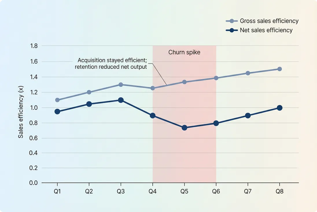 Line chart comparing gross and net sales efficiency over eight quarters, showing the gap widening when churn increases.