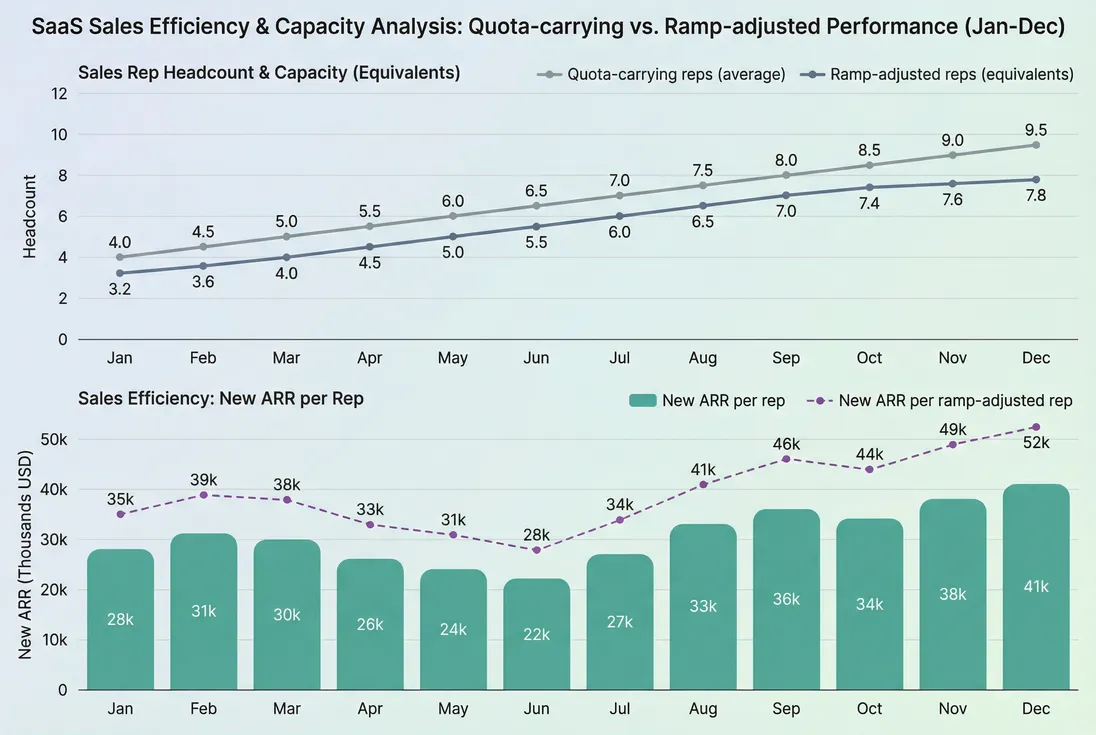 Trend of new ARR per rep versus quota-carrying reps and ramp-adjusted reps over 12 months
