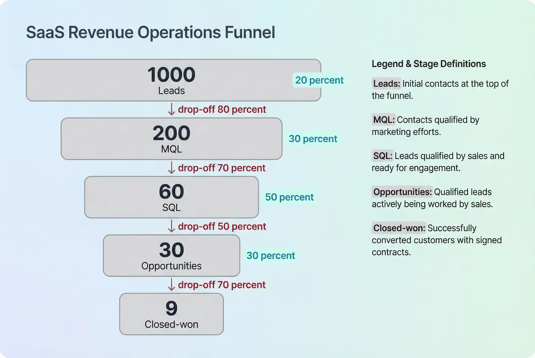 SaaS funnel showing leads to MQL to SQL to opportunity to closed-won with conversion rates