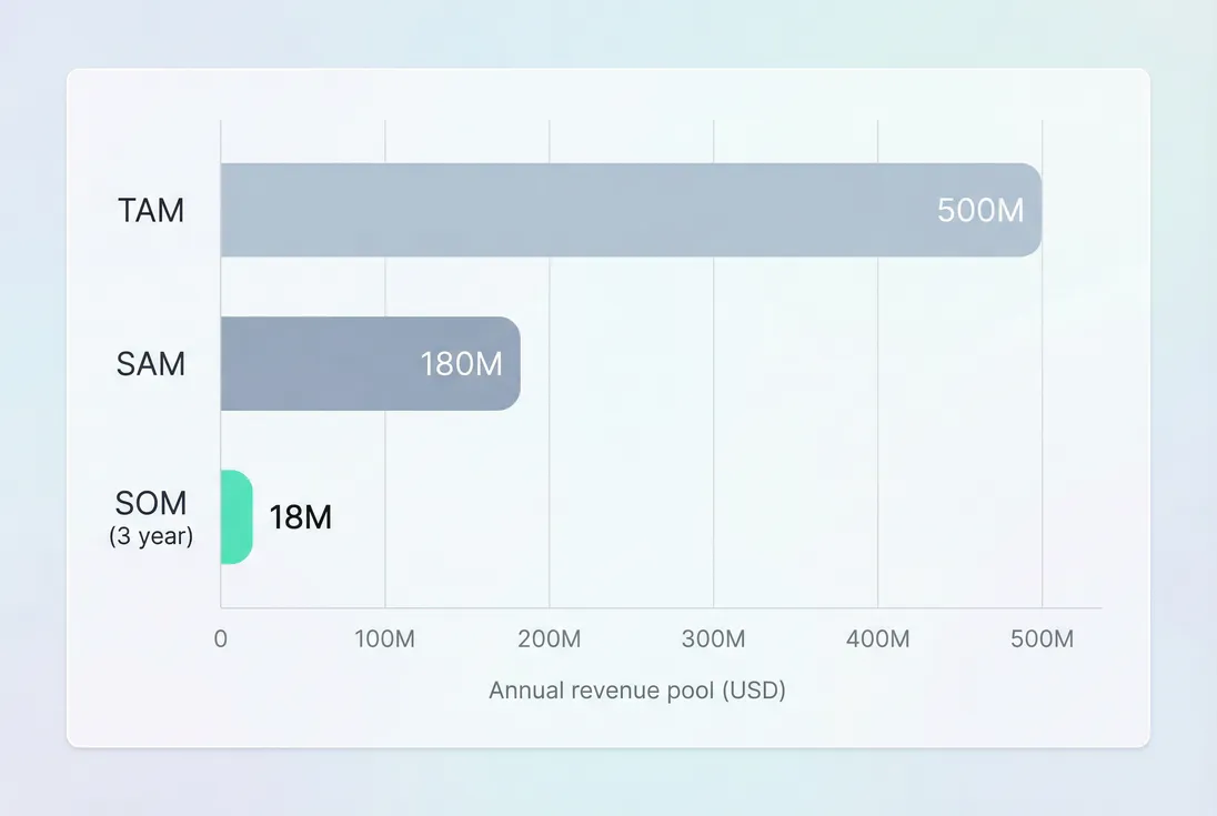 Nested bars comparing TAM, SAM, and SOM with revenue values