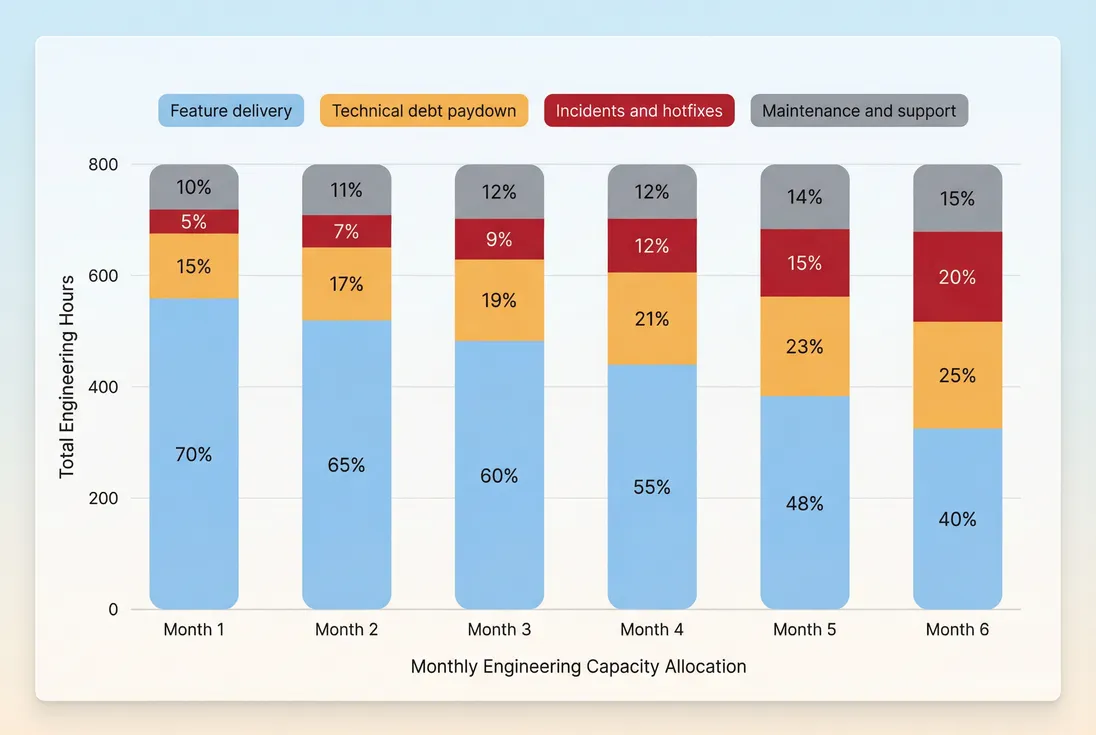 Stacked bars showing engineering capacity split across features, technical debt, incidents, and maintenance over six months