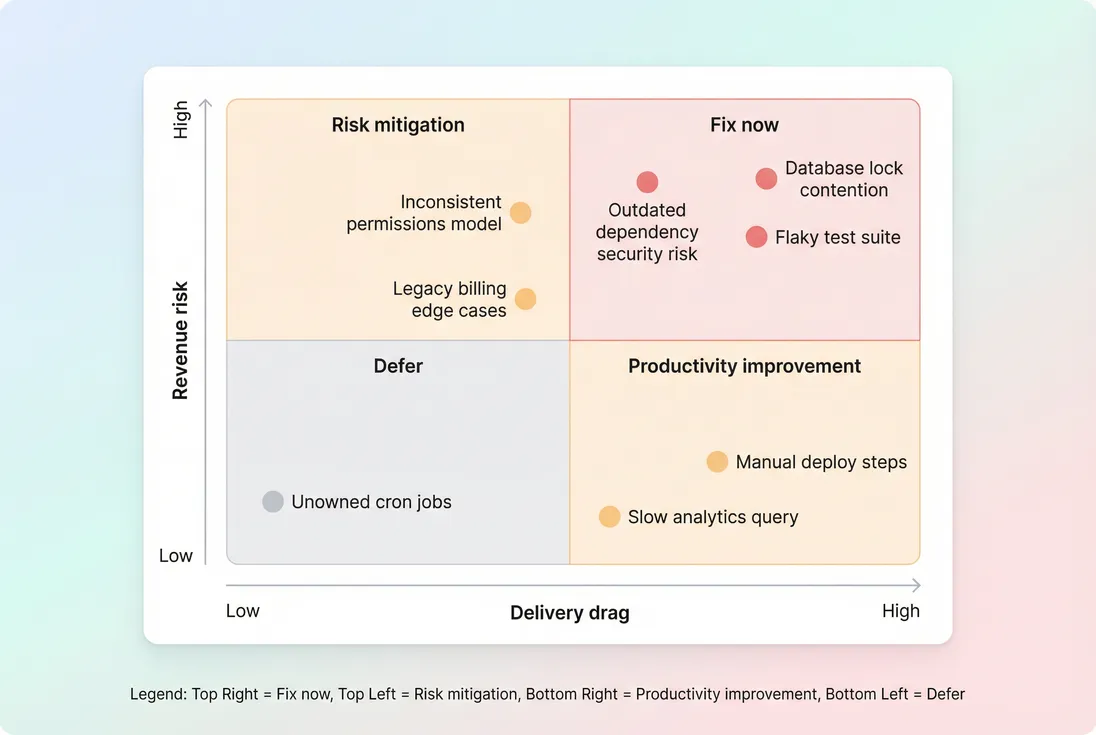 2x2 matrix showing technical debt items plotted by revenue risk and delivery drag