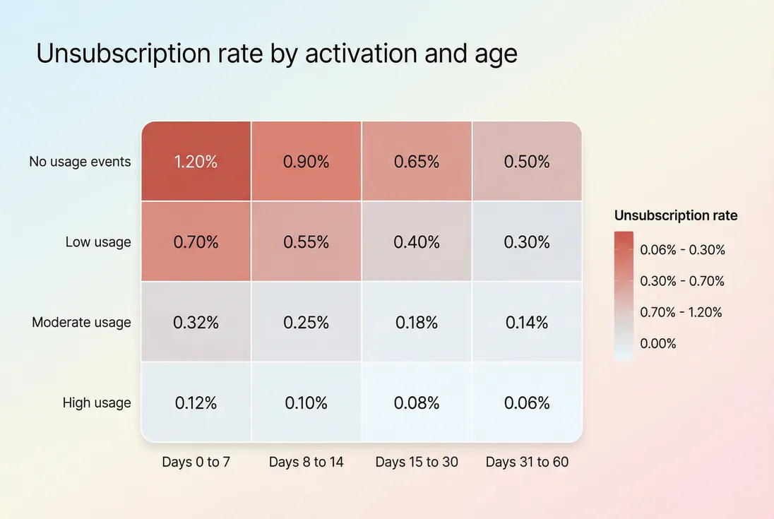 Cohort heatmap of unsubscription rate by days since signup and usage level