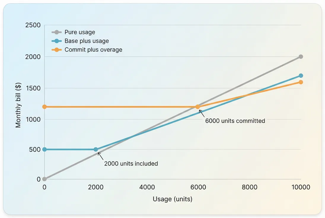 Line chart comparing pure usage, base plus usage, and commit plus overage bills as consumption increases