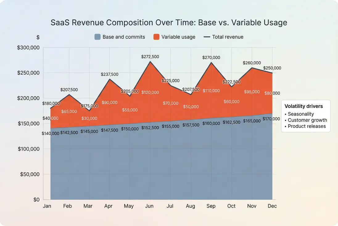 Stacked area chart showing monthly revenue split between base fees and usage over 12 months, highlighting volatility and the stabilizing effect of commits