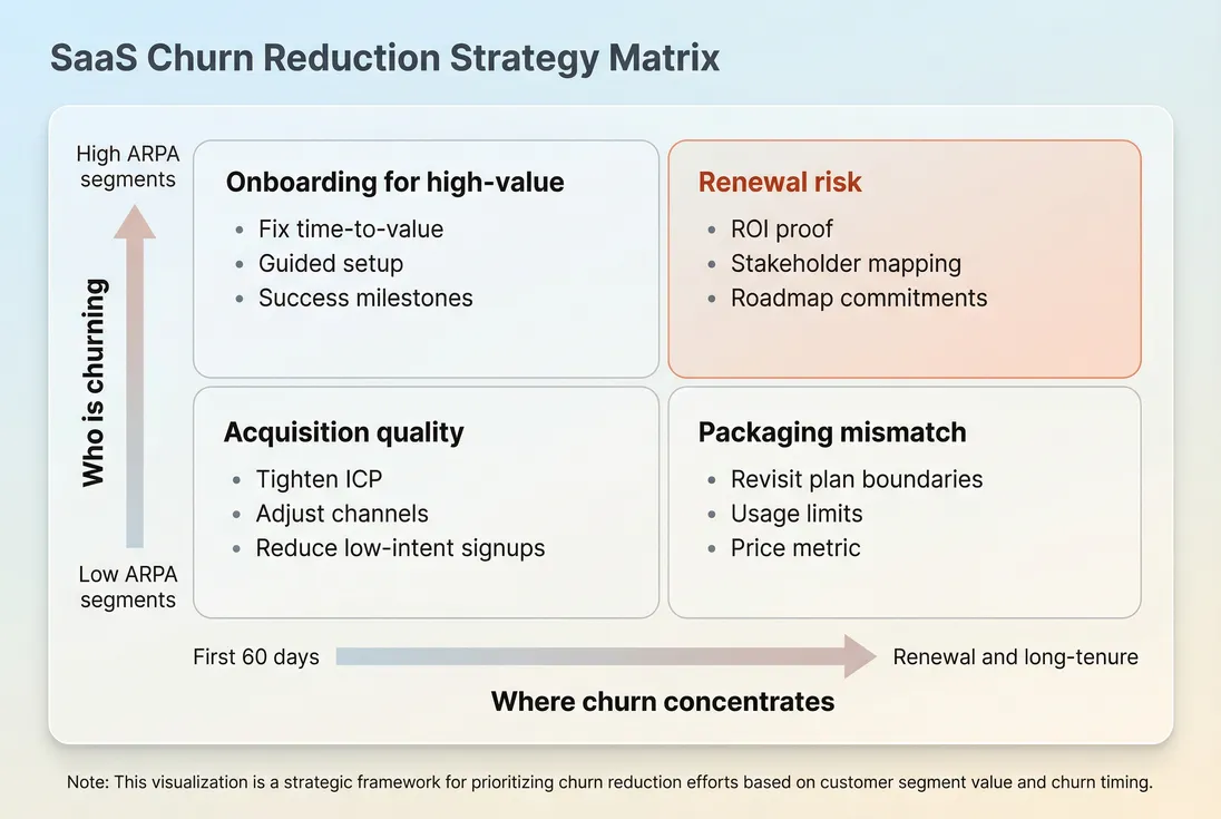 Decision matrix mapping voluntary churn patterns to likely causes and owner actions