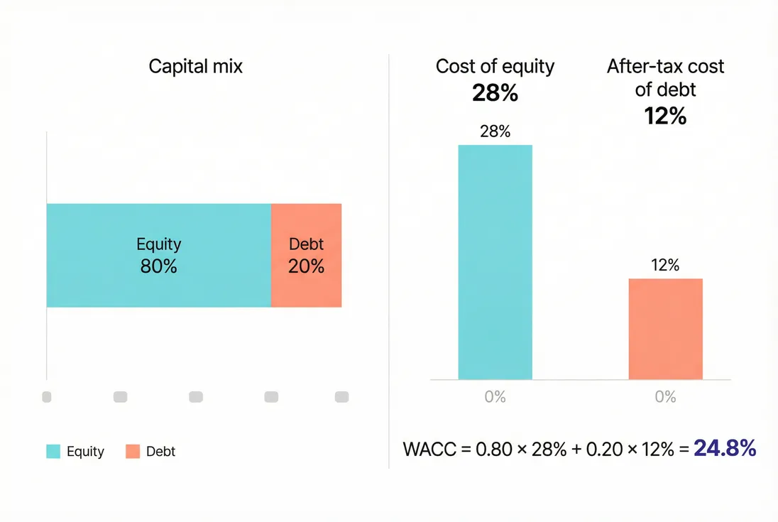 Stacked bars showing equity and debt weights, their costs, and the resulting WACC for a SaaS company
