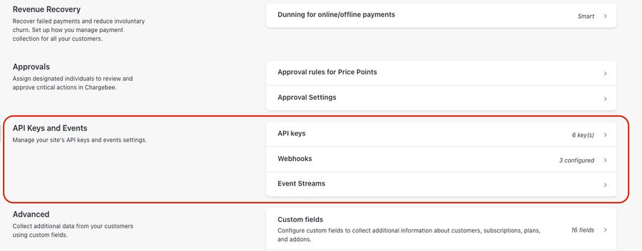 Chargebee API section