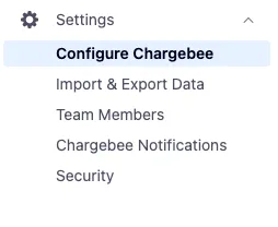 Chargebee settings menu