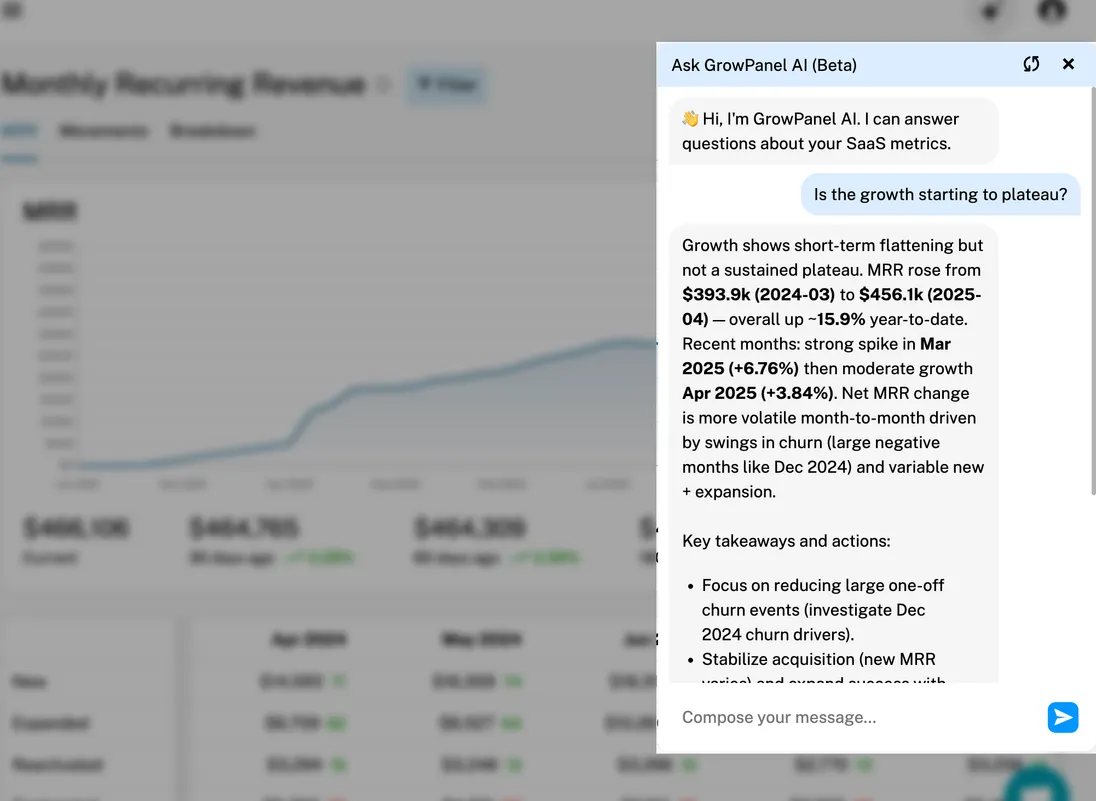 Screenshot of GrowPanel's AI chat interface receiving a complex, natural language query and instantly returning a detailed answer.
