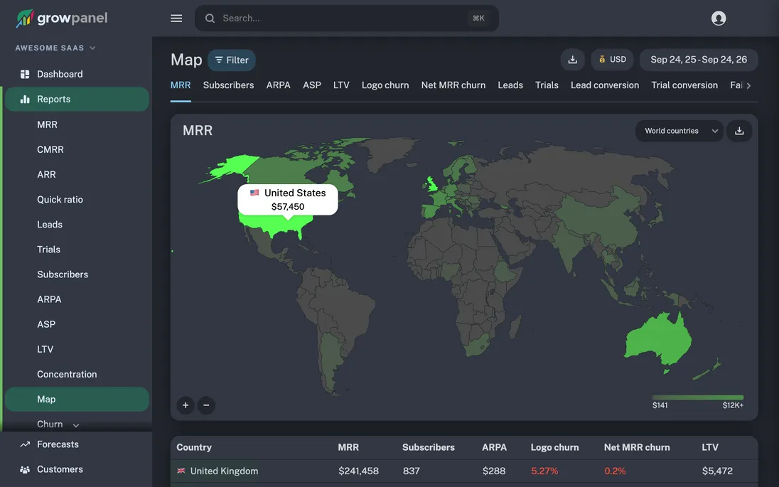 MRR by country on the world map, dark mode