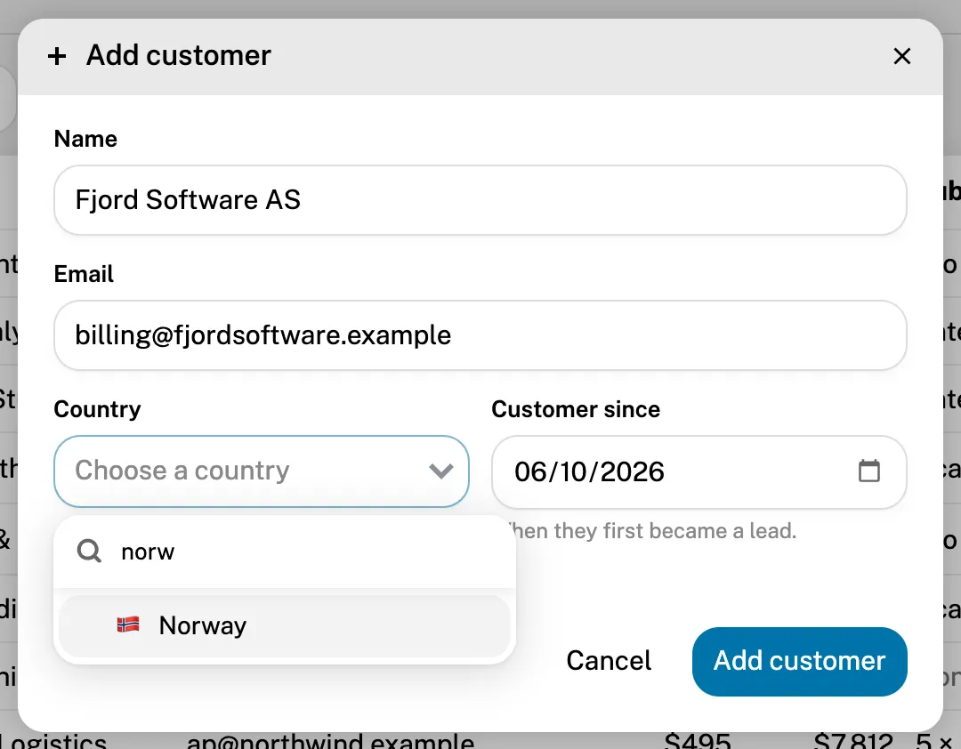 The Add customer dialog with the country search open