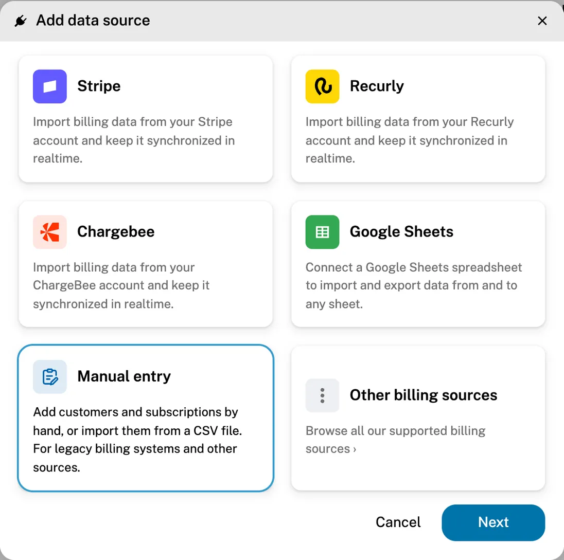 The Add data source dialog with Manual entry selected