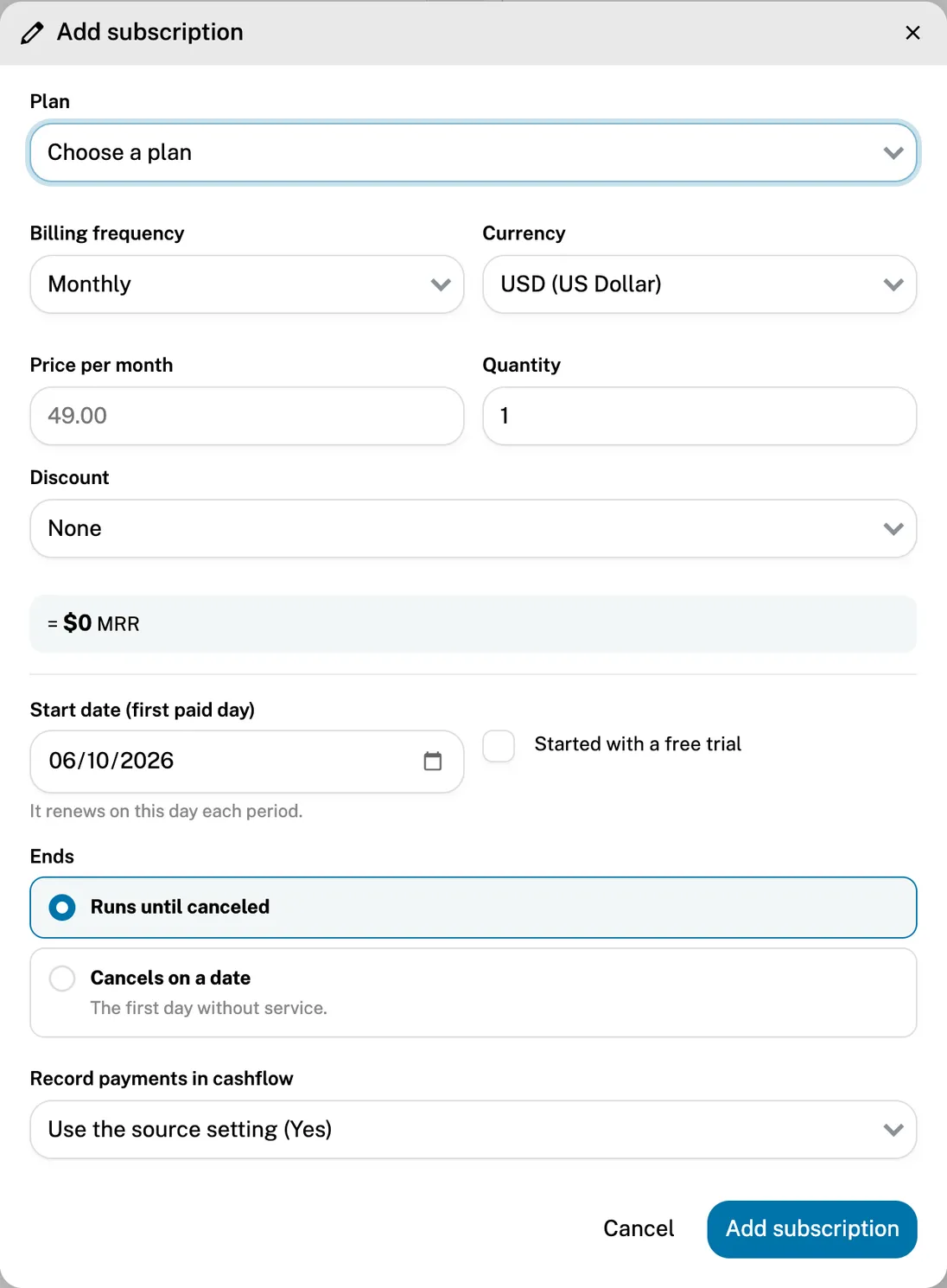 The Add subscription dialog