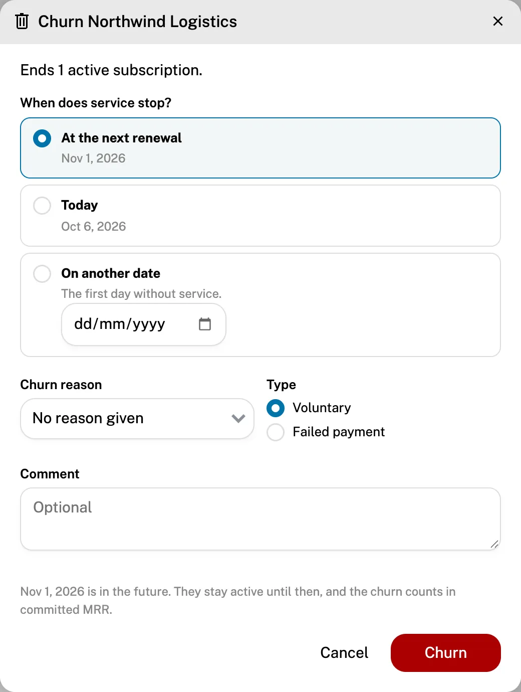 The Churn customer dialog