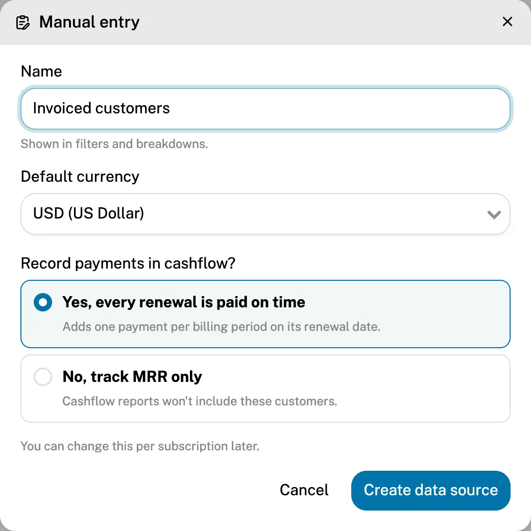 Name, default currency and the cashflow choice for a new manual source