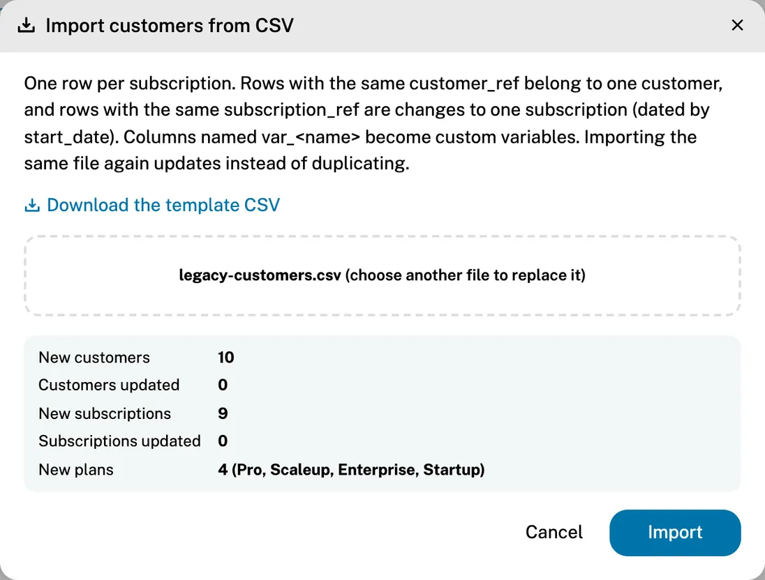 The CSV import after checking a file