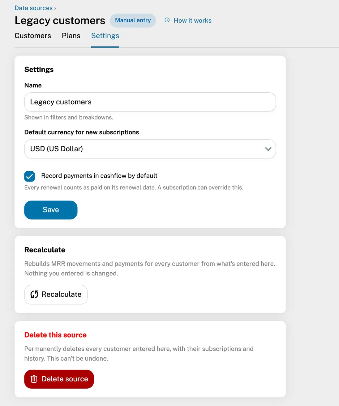 The Settings tab with the source's settings, Recalculate and Delete this source
