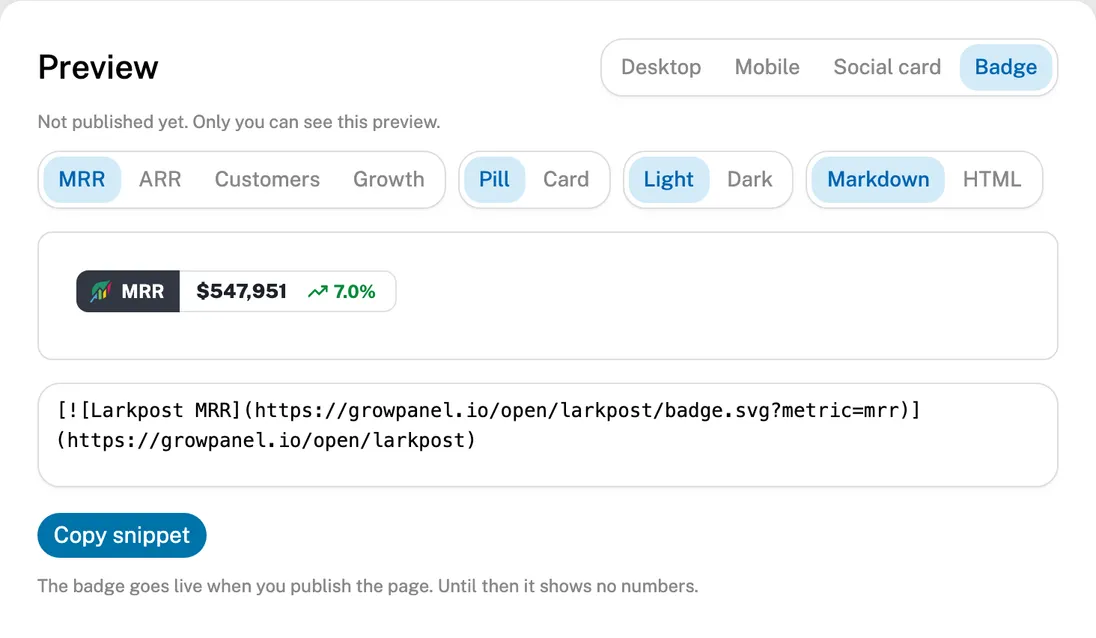 The Badge tab with the MRR pill and its Markdown snippet