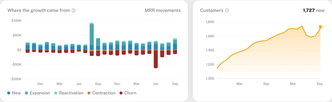 The MRR movements chart and the customers chart