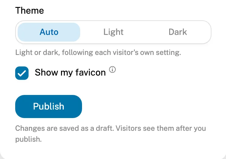 The Theme and Show my favicon settings, above the Publish button