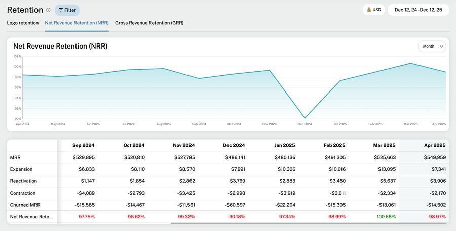 Net Revenue Retention (NRR) report showing the monthly rate and a 6-month rolling average